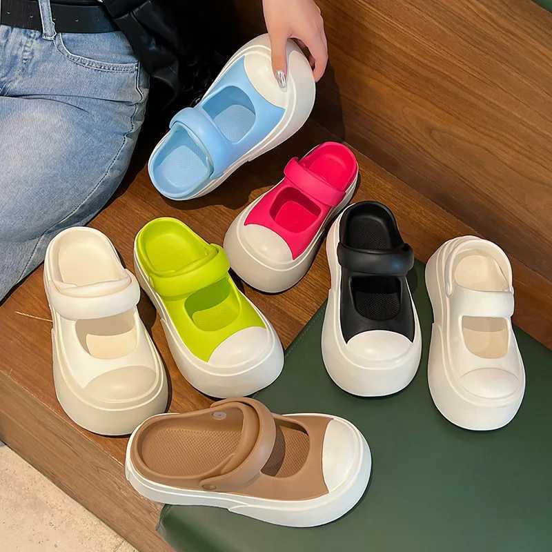High Quality Mary Jane Sandals for Women Summer New High Heel Thick Shoes Fashion Close Toe Half Slippers Anti Slip Holiday Beach Shoes T241227