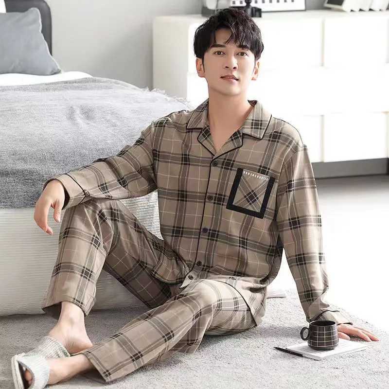 2PCS/Set Pajamas Mens Autumn and Winter Long-Sleeved Cotton Style Big Size Outside Casual Striped Solid Homewear Clothing SuitXJ241227