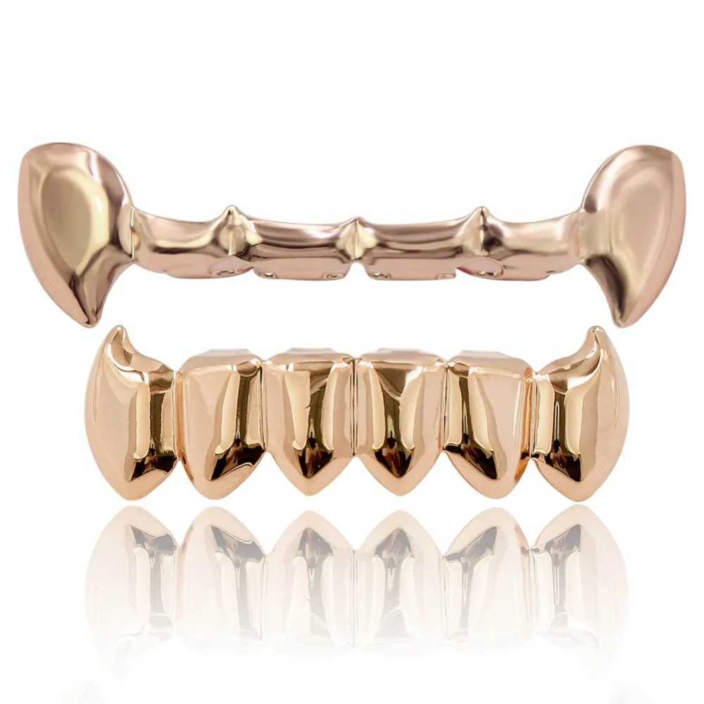 TOPGRILLZ New Fit Gold Color Plated Hip Hop Teeth Half Fang Top Solid Fangs Bottom Grillz Vampire Set. Gift W241227