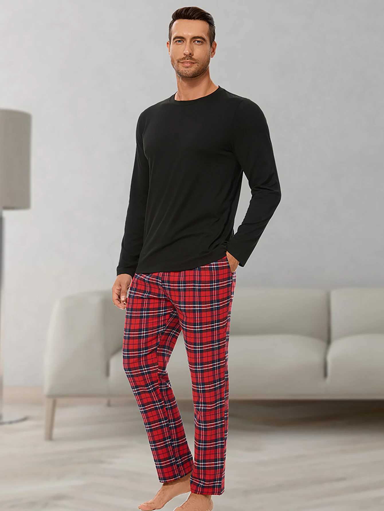 Mens homewear suit fashion leisure solid colour pyjamas plaid pyjama trousers home daily wear suitXJ241227