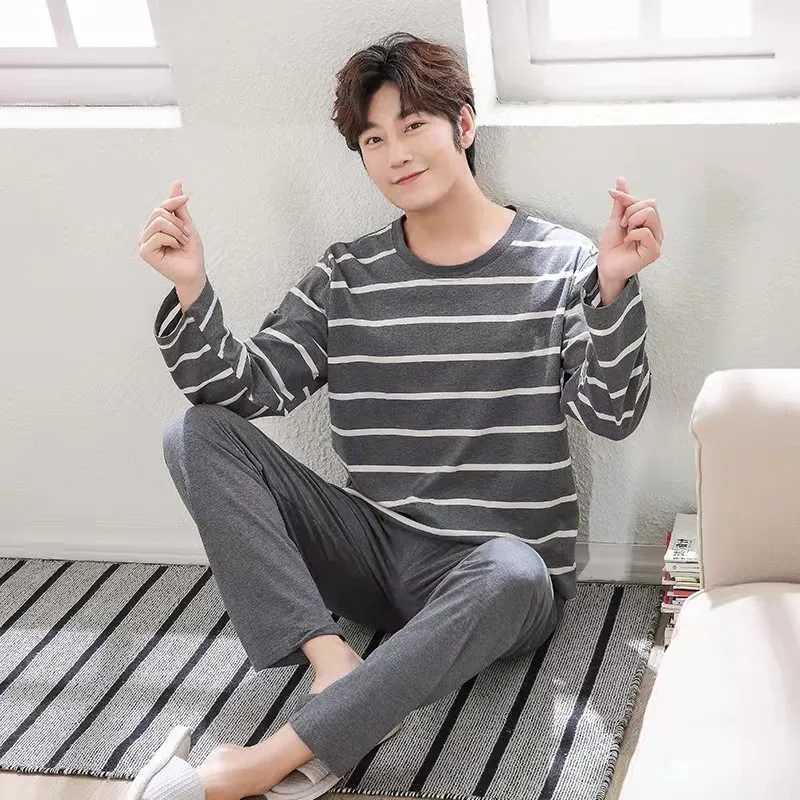 2Pcs/set mens long-s long-sleeved trousers pajamas autumn and winter large size teenagers home clothing round neck striped riveXJ241227