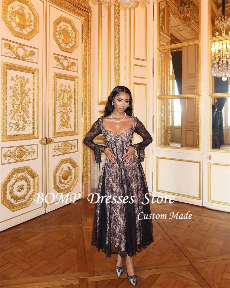 BOMP Sexy Sweetheart Lace Evening Party Dresses African Women Long Sleeves Tea Length Prom Gowns Formal Occasion Customized 241223