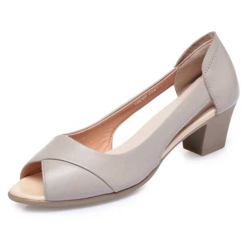 High Quality Leather Women Shoes Comfortable Ladies Mid Heel Sandals Hollow Peep Toe Square Heel Sandals Woman Footwear T241227