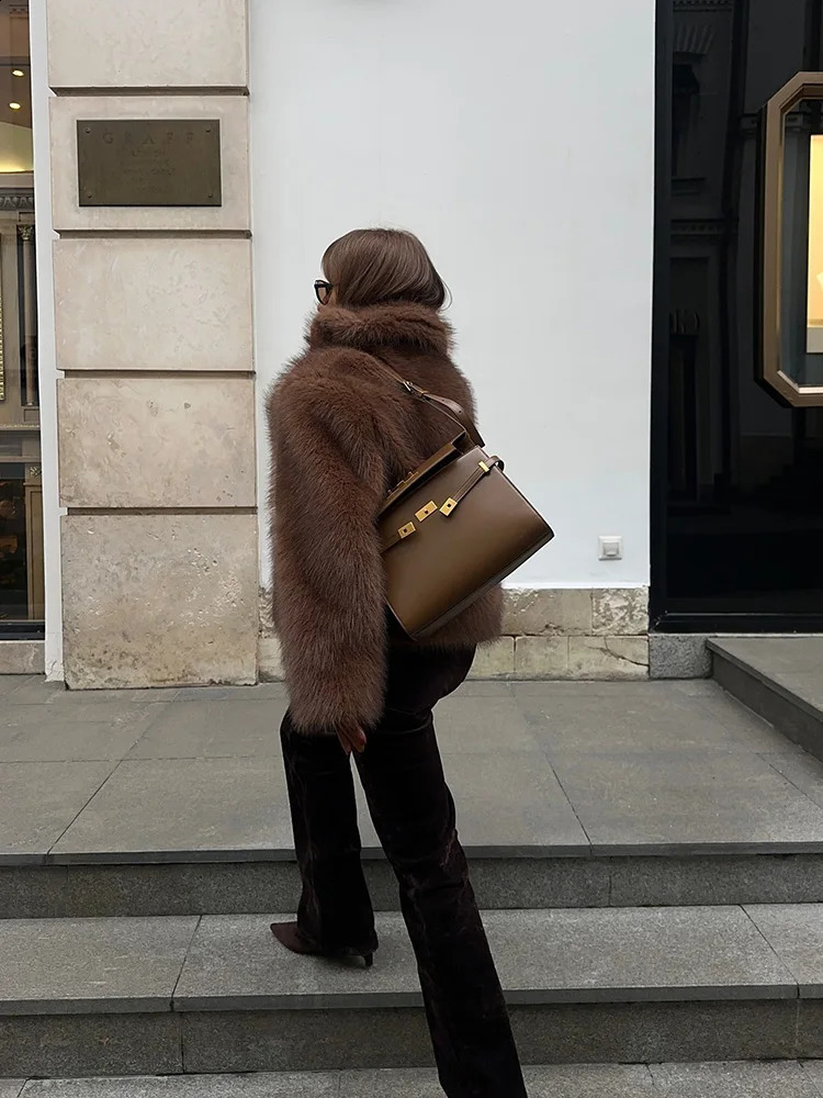 TRAF Womens Fashion Concealed Button n Loose Jacket Autumn and Winter Faux Fur Effect Short Coat Tops 241223