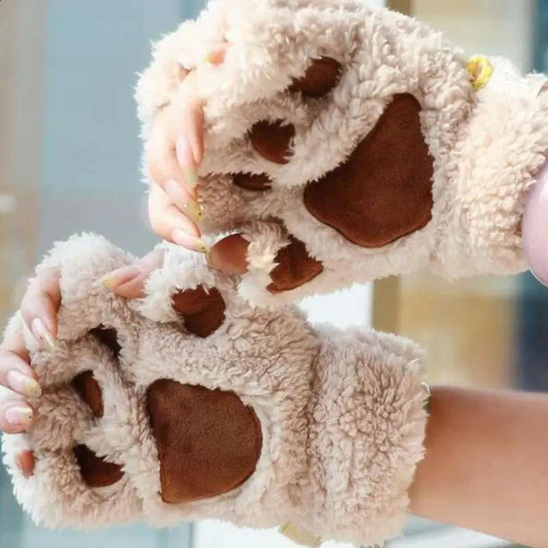 Cat Paw Half-finger Gloves Winter Cute Cartoon Cat Girl Open Finger Gloves Thickened Fluffy Bear Paw Kitten Fingerless Mittens 241227
