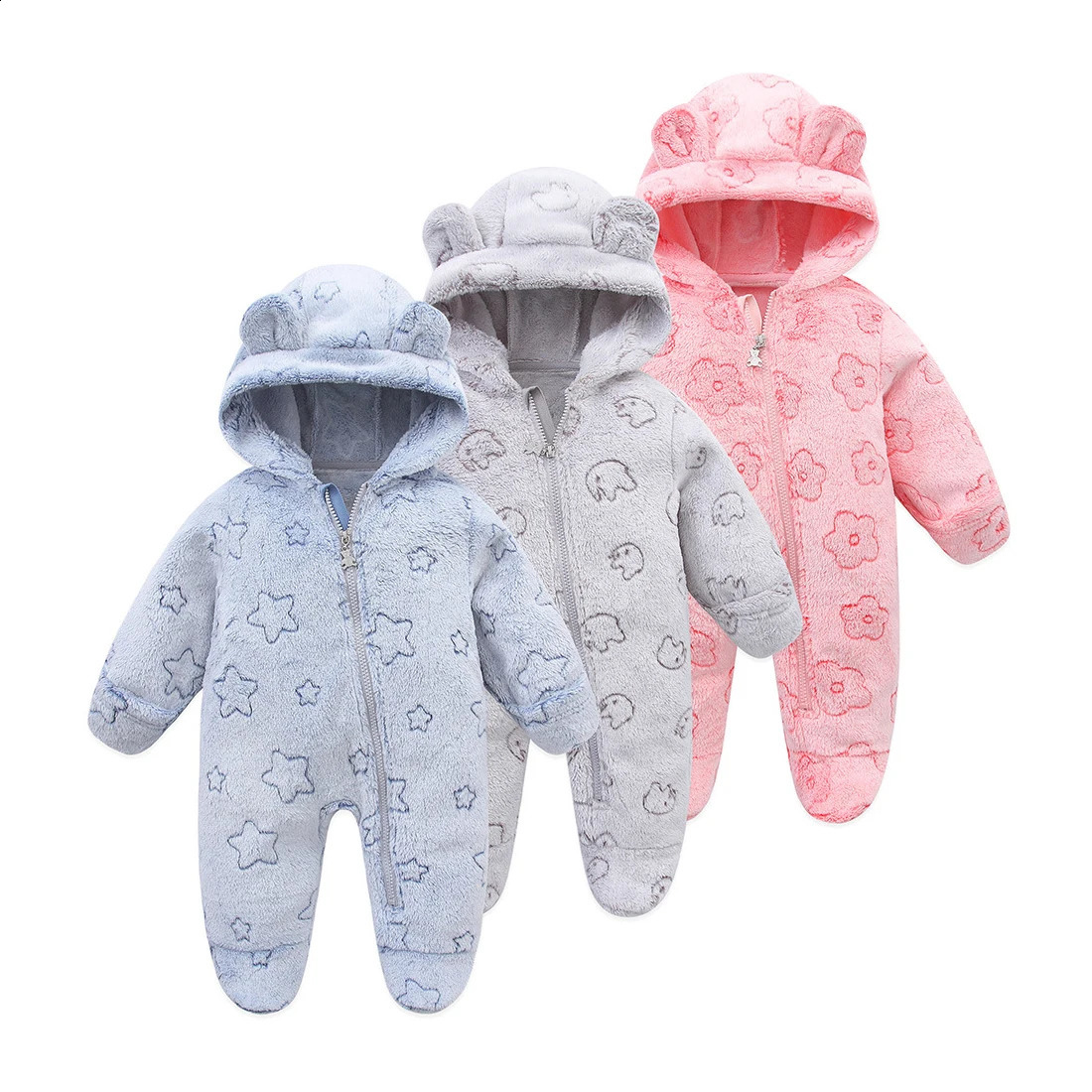 Autumn Toddler Clothing Female Baby Warm Hooded Romper Male Baby Cartoon Printing Jumpsuit 0-12 Months Baby Flannel Jumpsuit 241226