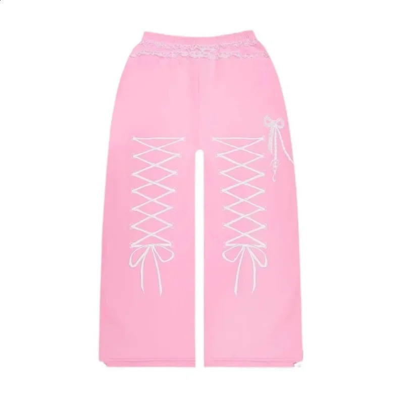 American Street Style Oversized Pink Sweet Bow Embroidered Hoodies Suit for Women Retro Loose Pants Versatile Zipper Sweatshirts 241224