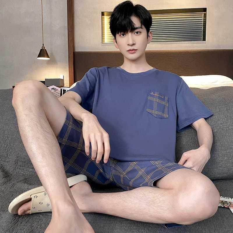 Summer Mens Plus Size Lounge Wear Fashion Cotton Pajamas Short Sleeve Pj Set Printed Stylish Plaid Homewear 3xl 4xl NightwearXJ241227