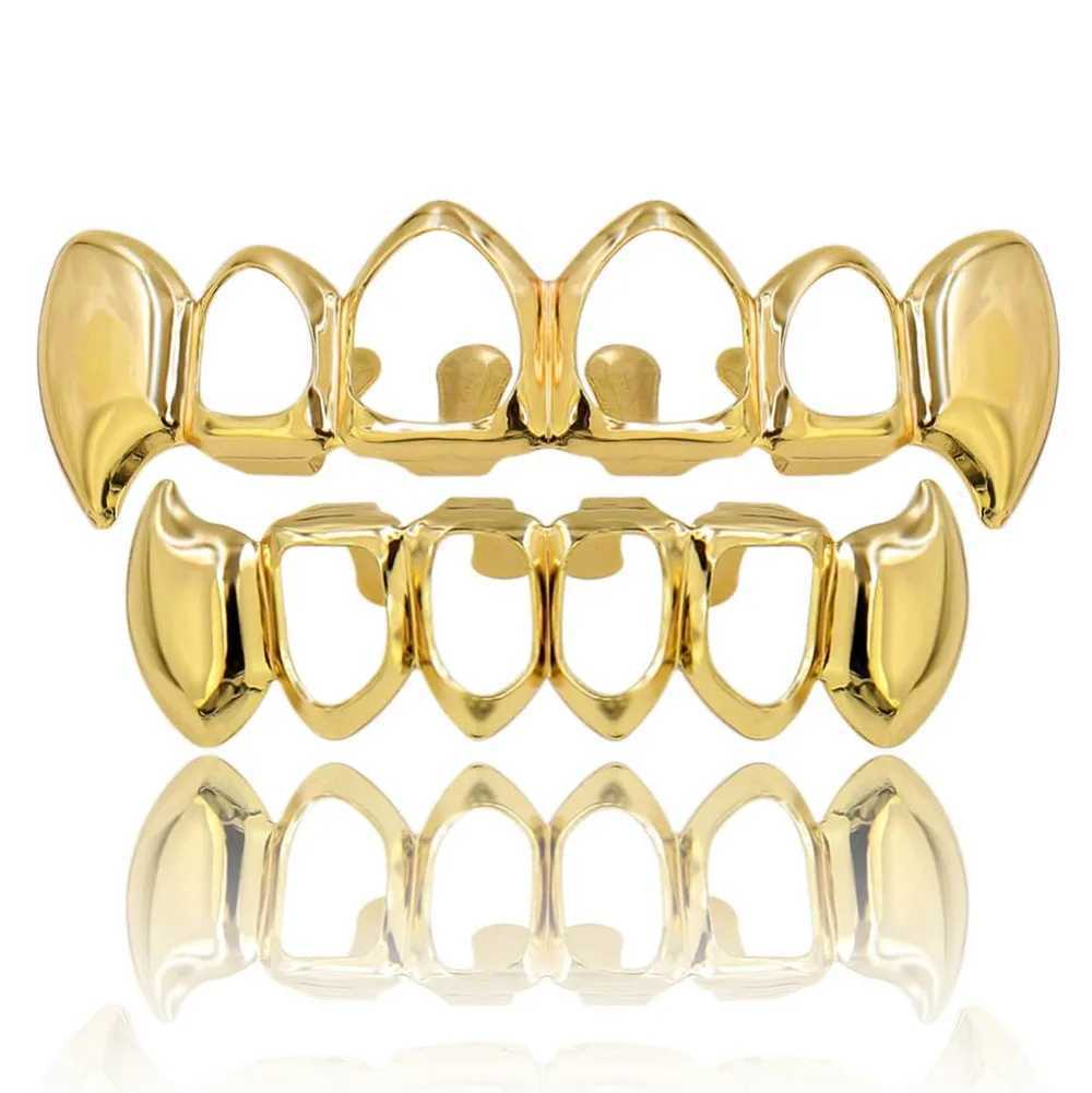TOPGRILLZ Gold Galvanized Hip Hop Teeth Grill Top and Bottom Grill Hip Hop Sparkling Hollow Vampire Teeth W241227