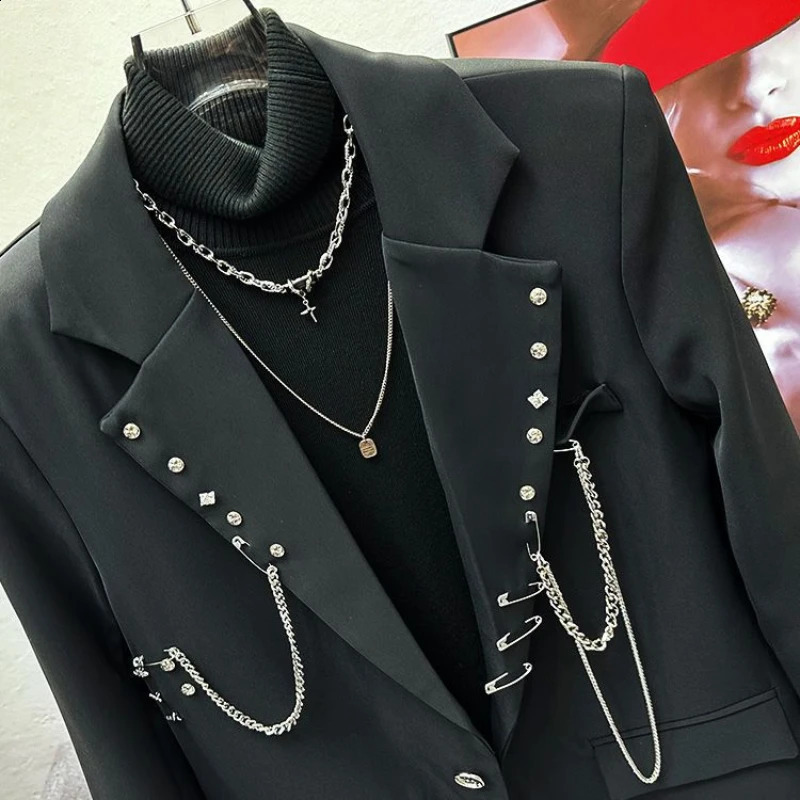Spring Autumn Niche Chain Black Suit Jacket Fashion Mens Handsome High Street Loose Casual Men Tops Blazers Male Clothes 241227