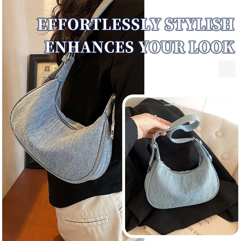 Small Denim Purse, Crescent Bag, Shoulder Bag for Women, Vintage Casual Handbag with Adjustable Strap