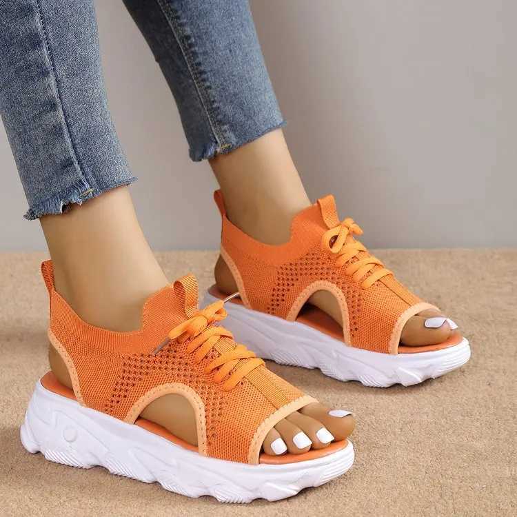 High Quality Womens Casual Sandals Summer Casual Breathable Mesh Open Toe Lace Up Sports Sandals New Outdoor Platform Knit Sandals 42 T241227