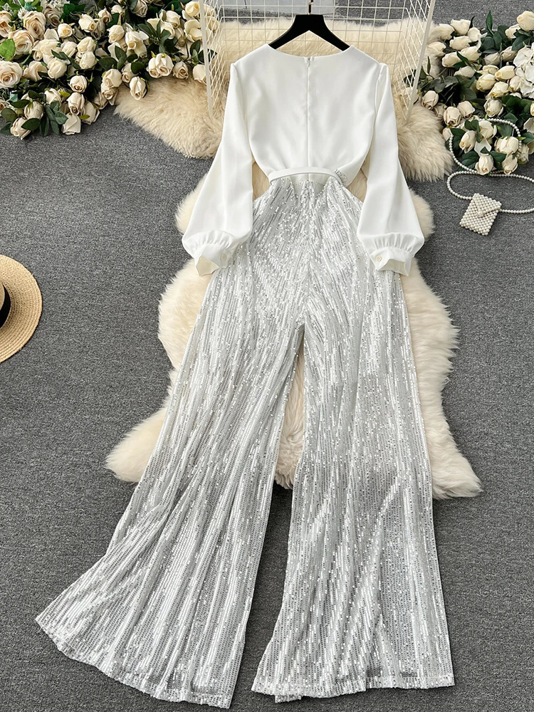 EWQ elegant style chic jumpsuit women fake two piece patchwork sequins with belt high waist jumpsuits winter spring 241224