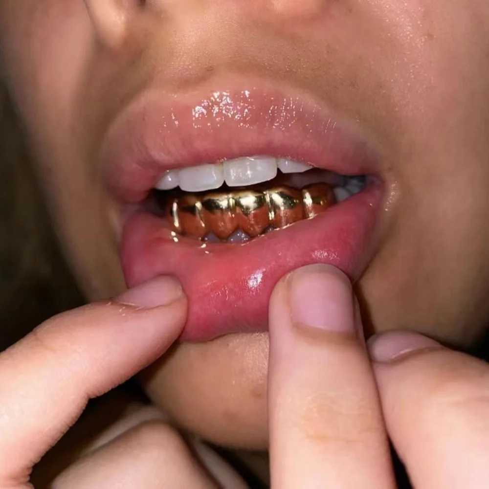 Rachelz Classic Fashion 6/6 Teeth Grillz Hip Hop 14K Gold Plated Teeth Cs Decorative Bracket Mens Jewelry Dental Grill W241227