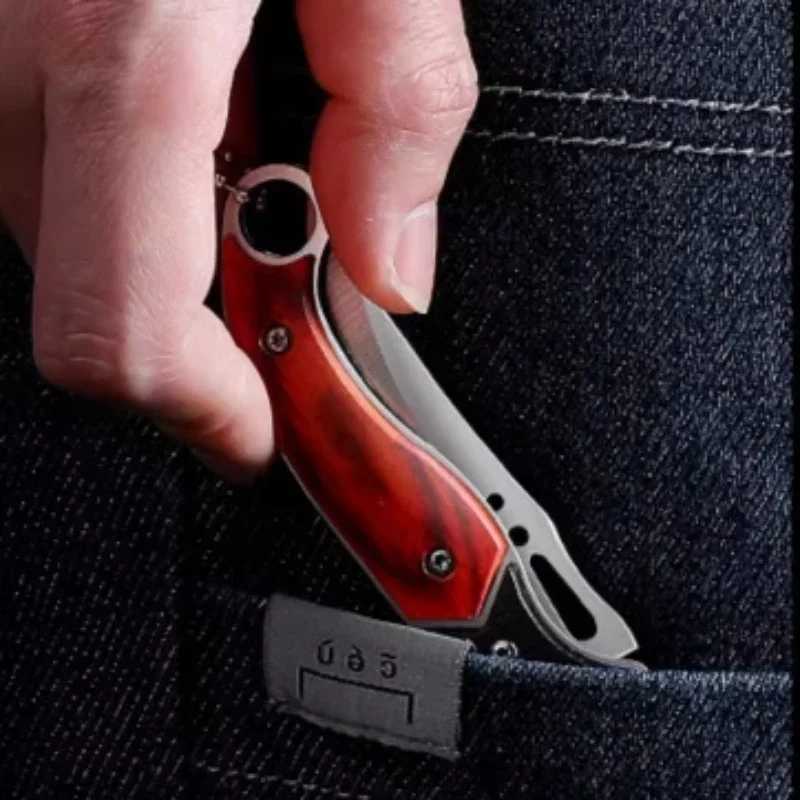 Kitchen stainless steel fruit knife sharp pocket folding knife folding knife with keychain wooden handle flat knife kitchen knives Y241227