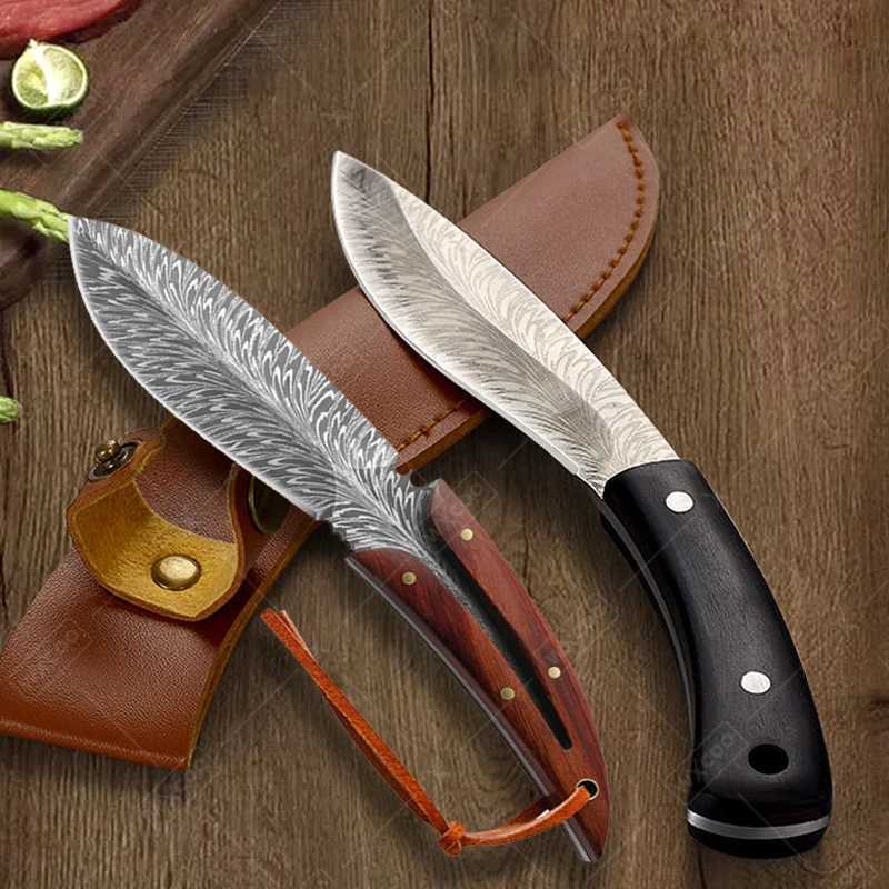 Hand forged Boning knife stainless steel meat slicer Mti steak kitchen knife feather pattern fruit peeler barbecue cooking tool Y241227