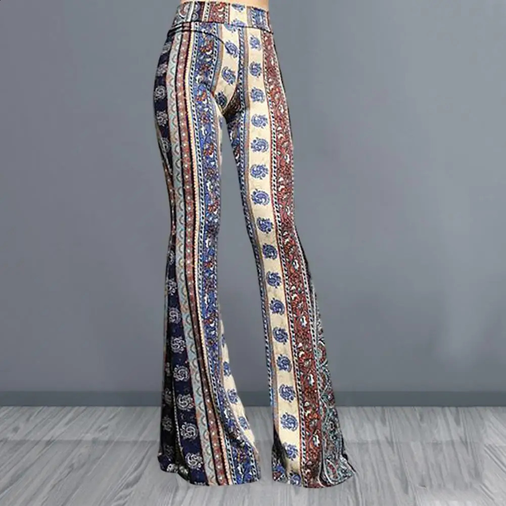 High Stretch Women Pants Soft Vintage 70s Leopard Print Flared Hem Long for Elastic Waist 250206