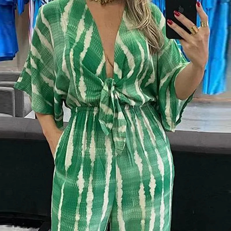 Combinaison Femme Fashon Vneck Bandhnu Wide Leg Jumpsuits For Women Summer Causal High Waist Elegant Lace Up Jumpsuit 241224