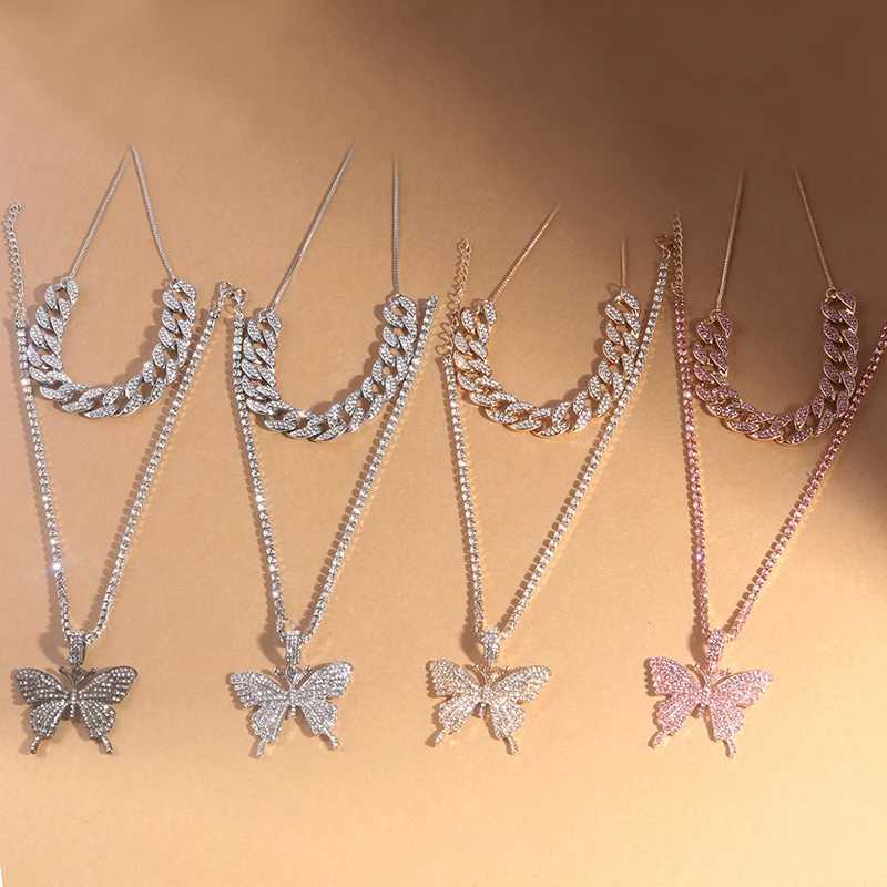 New Tren Big Butterfly Pendant Necklace Rhinestone Hip Hop Necklace For Women Bling Cuban Link Chain Choker Jewelry GiftsXJ241227