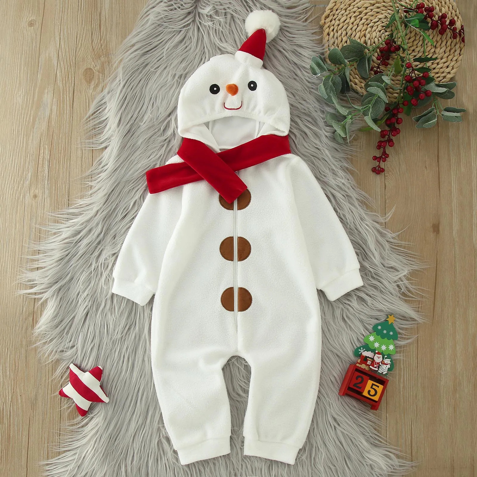 Infant Boys Girls Christmas Costumes Fleece Thick Long Sleeve Romper Cartoon Snowman Cosplay Hooded Jumpsuits For 3 6 12 Months 241226