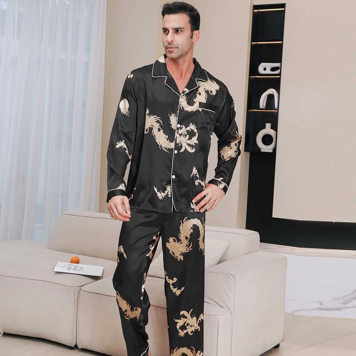 Ice silk pajamas for mens spring and autumn 2024 new long sleeved Chinese dragon red zodiac year summer Large size sleepwearsXJ241227