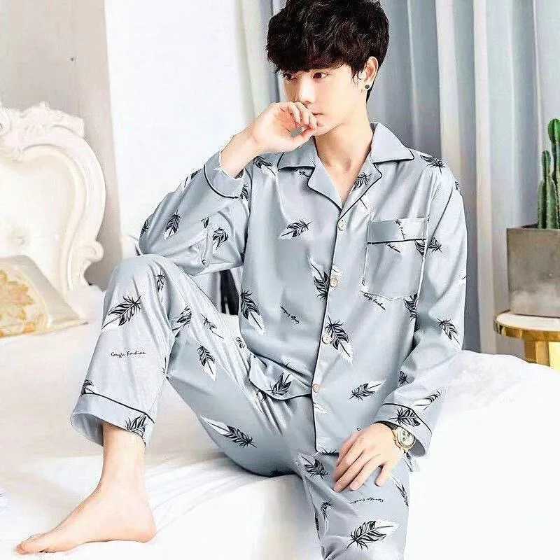 Mens Spring and Fall Long-Sleeved Long Pants Pajamas Cardigan Big Size Korean Nightwear Loungewear Leisure Sleepwear HomewearXJ241227