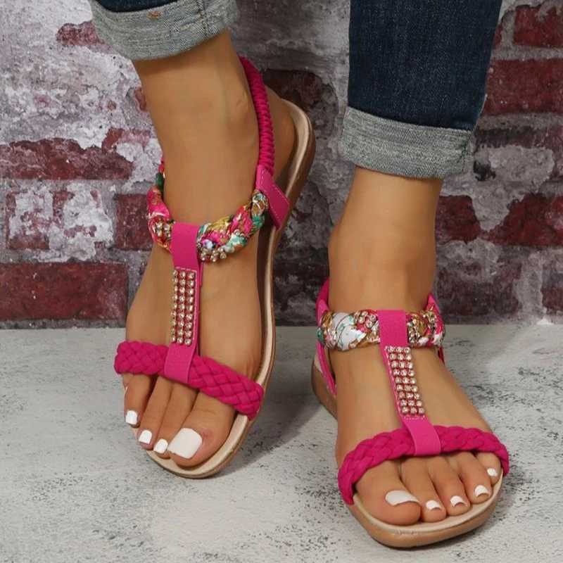 High Quality Crystal T-Strap Platform Sandals Women Summer Woveing Ankle Strap Rome Shoes Woman Open Toe Flat Heel Outdoor Sandals Women T241227