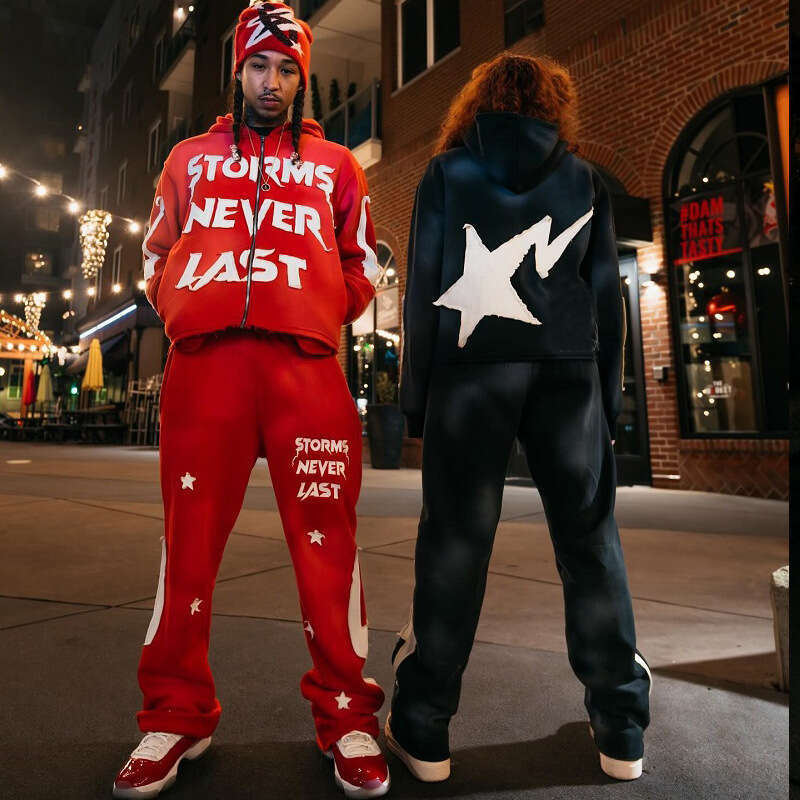 Fashionable fashion brand personalized sticker fabric letter print high street hip-hop style full chain cardigan sweatshirt pants set