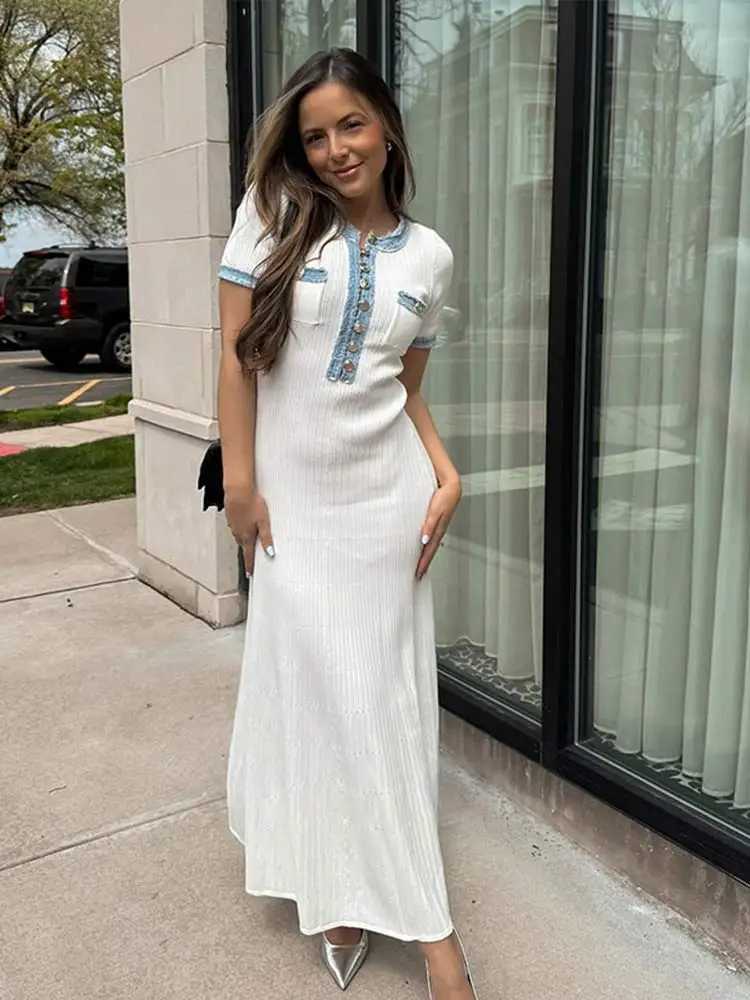 Elegant V-neck denim patch work knit long skirt womens fashionable short skirt Slve button dress 2024 chic office womens pocket robe X241226