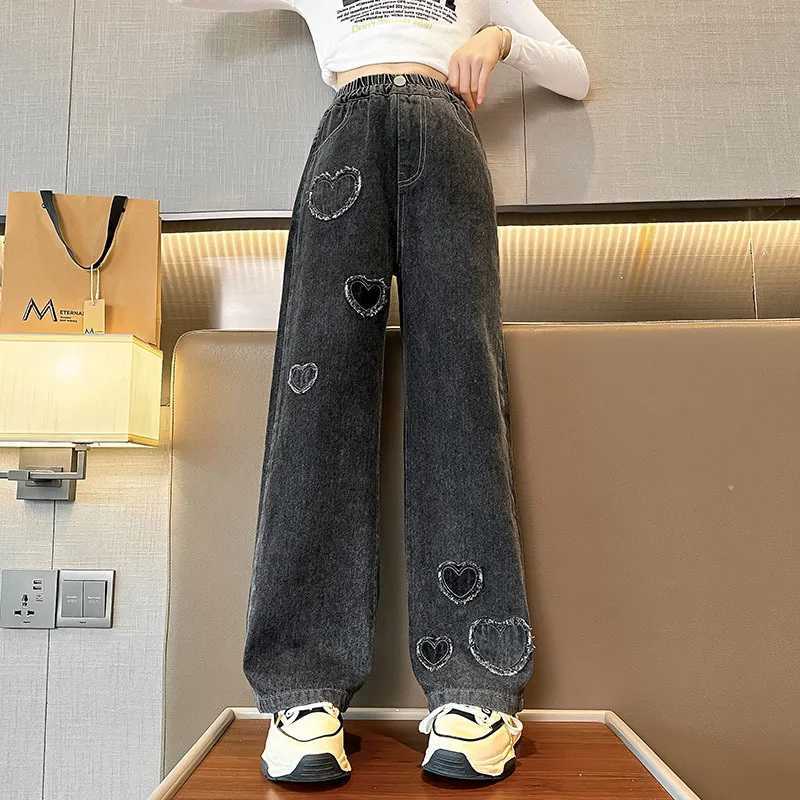 2024 Spring/Autumn Girl Love Rough Edge Jean Korean Edition Sle Childrens Mid Waist Jeans Elastic Waist Pants W241227