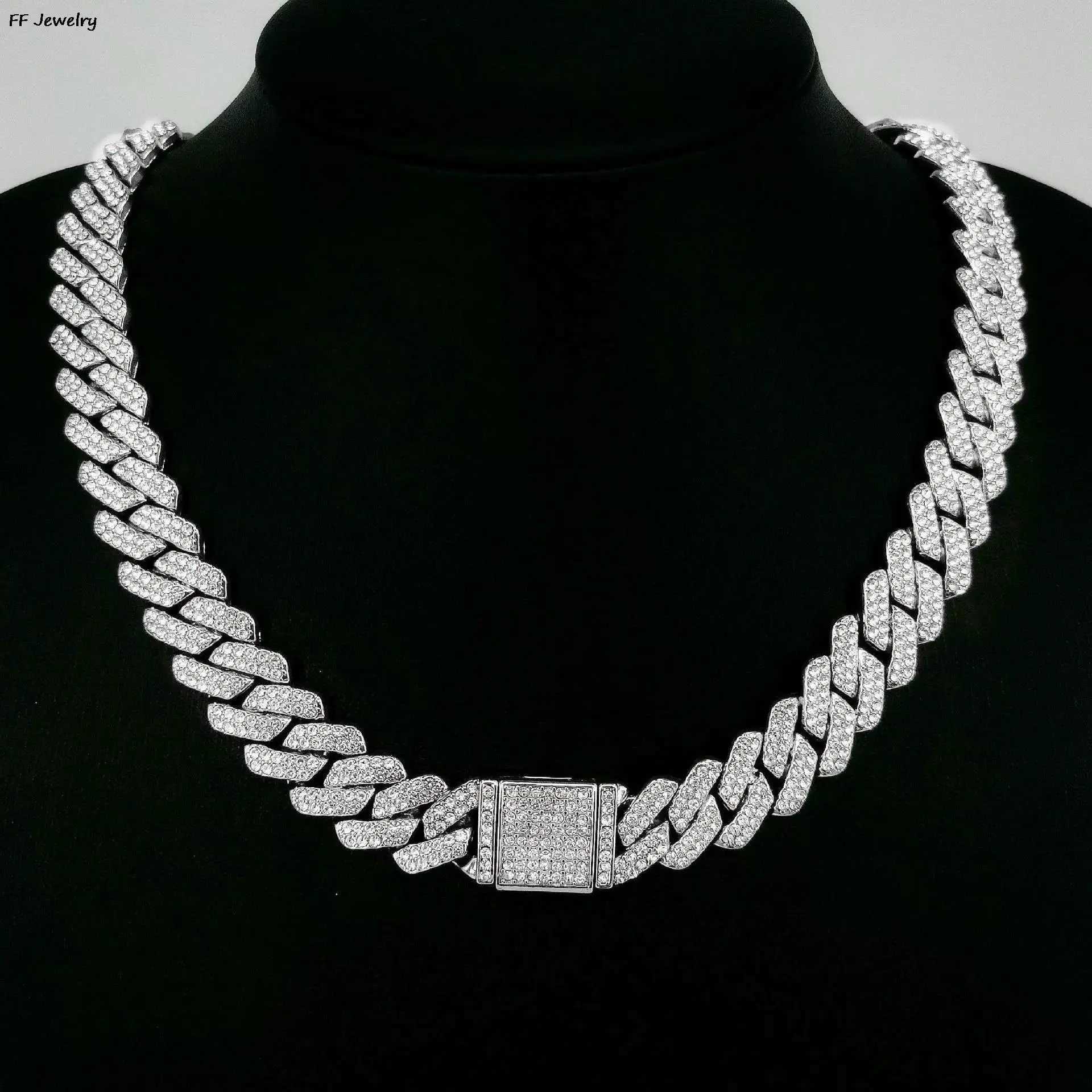 15mm Cuban Link Chain For Men Silvery/Golden d Out Rhinestone Miami Necklace Choker for Women with Box Clasp Hip Hop A+++XJ241227