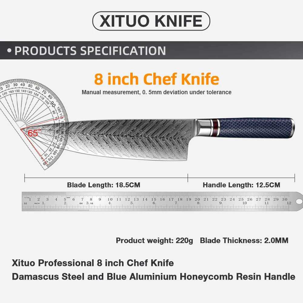 XITUO 8-inch Chef Knife Damascus Steel VG 10 Sharp Chop Vegetables Blue Resin Honey CB Handle Household Kitchen Knife Y241227