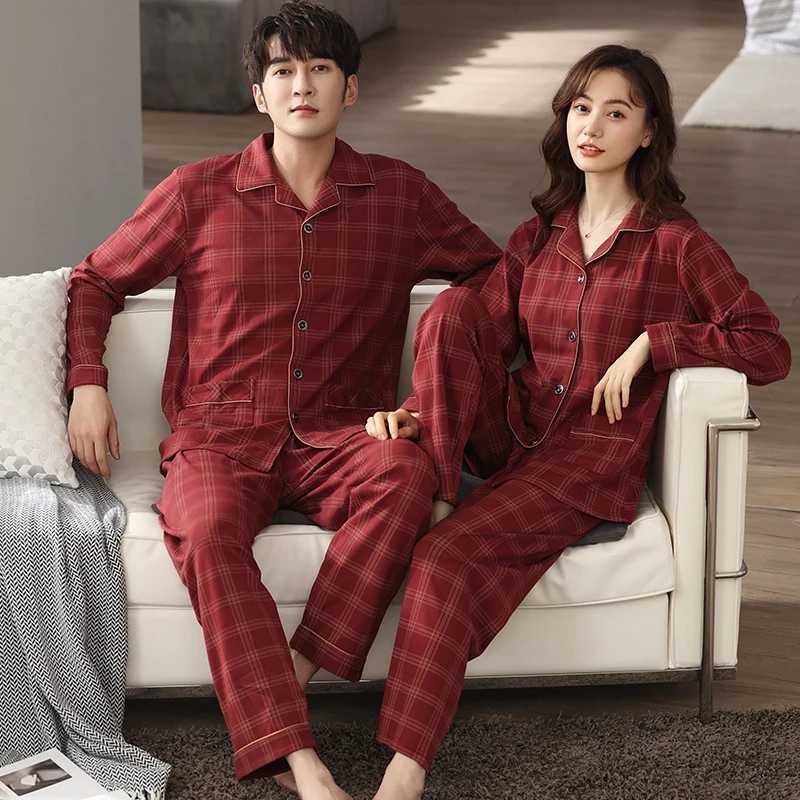 Plus Size Couple Long Sleeve Casual Plaid Cotton Pajama Sets for Men Autumn Korean Loose Sleepwear Pyjama Women Homewear ClothesXJ241227