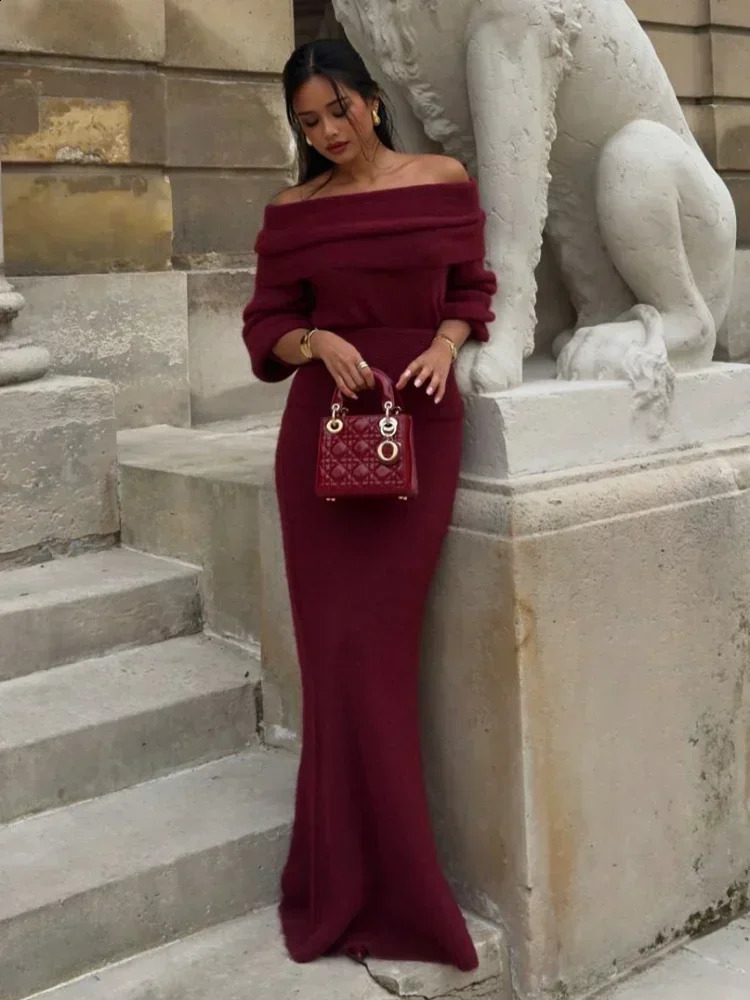 Women Burgundy Knitted Long Sweater Fashion Offtheshoulder Pullover Dress Fall Winter Female Party Outfit 241218