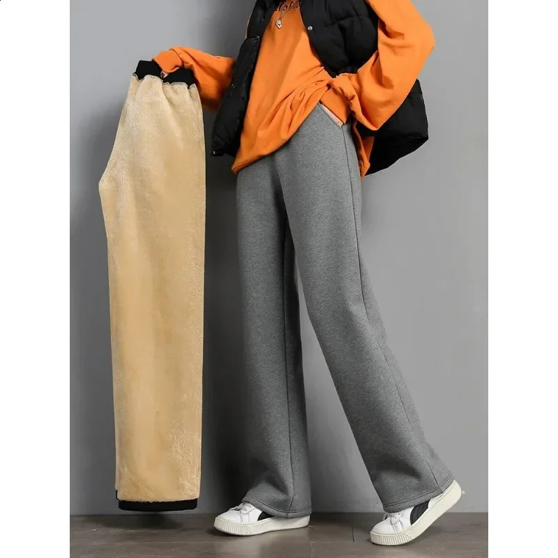 Women Warm Winter Plush Thick Pants Lambskin Cashmere Trousers High Waist Cotton Fleece Loose Female Wide Leg Pants PELEDRESS 241220
