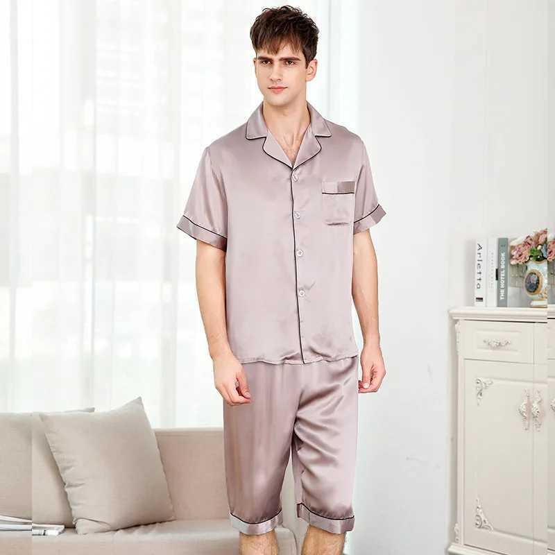 Birdsky 1SET Men pajamas pijamas pajama pj set men nightwear short sleeve sleepwear 100% mulberry silk satin solid S-333XJ241227