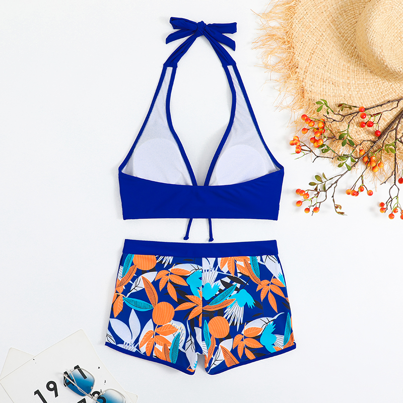 Stylish Women Halter Bikinis Set High Waist Shorts Swimsuit Padded Deep V-Neck Bikini Push-up Swimwear Ladies Printing Bathing Suits Boyshorts Beach W