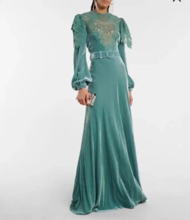 Verngo Applique Velvet Evening Dress A Line Long Sleeves Party Gowns Lace Women Formal Dress Outfits 241223