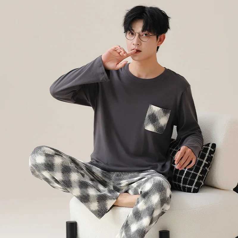 High Quality Pajamas Suit Men Pure Cotton Long-sleeved New Simple Design Sleepwear Male Korean Style 100%Cotton Loungewear GentsXJ241227
