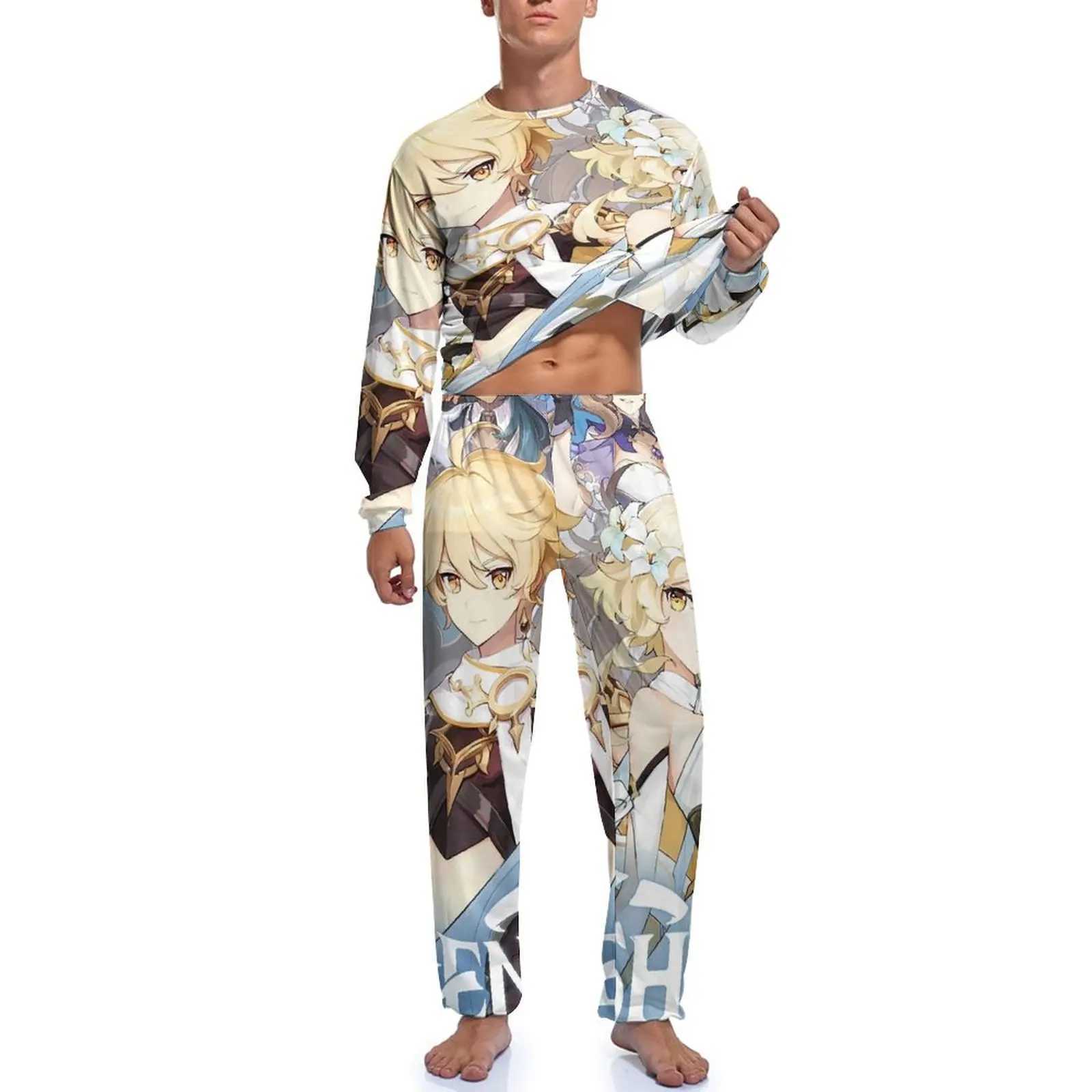 Genshin Impact Pajamas Cute Anime Men Long Sleeve Kawaii Pajamas Set 2 Piece Casual Winter Printed Sleepwear Birthday PresentXJ241227