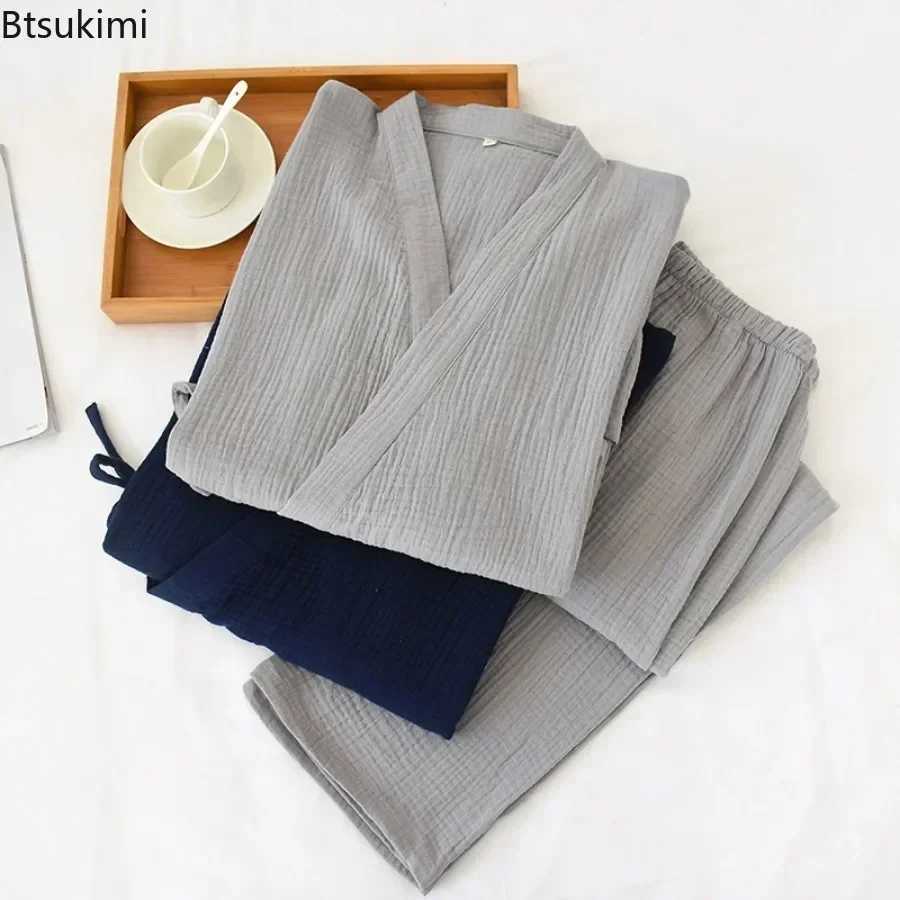 2025 Japanese Kimono Mens Solid Pajamas Two-pieces Simple Cotton Crepe Cloth Plus Size Lace-up Tops Trousers Home Service SetsXJ241227