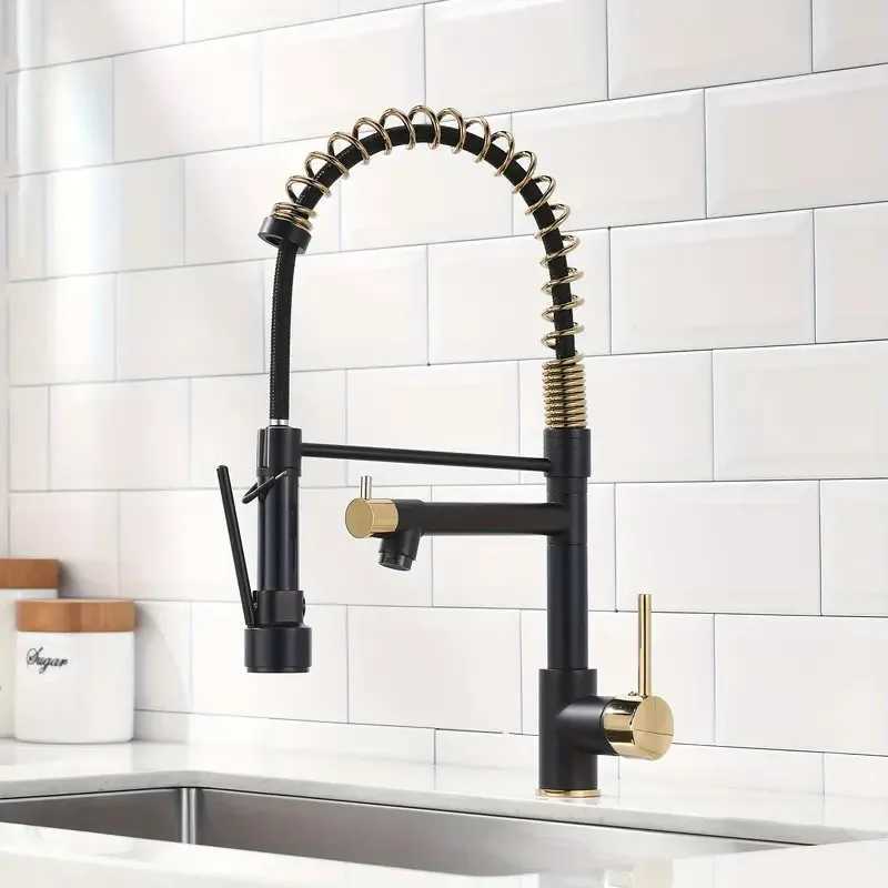 Cmercial Pl Down Kitchen Sink Faucet with Sprayer Matte Black and Golden Z241221