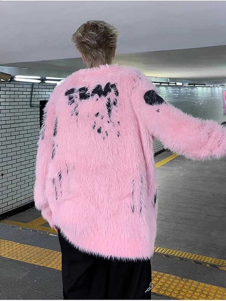 REDDACHIC Pink Plush Graffiti Mohair Sweater for Men Winter Warm Jacquard Jumper Top Loose Casual Knit Top Aesthetic Y2k Clothes 241224