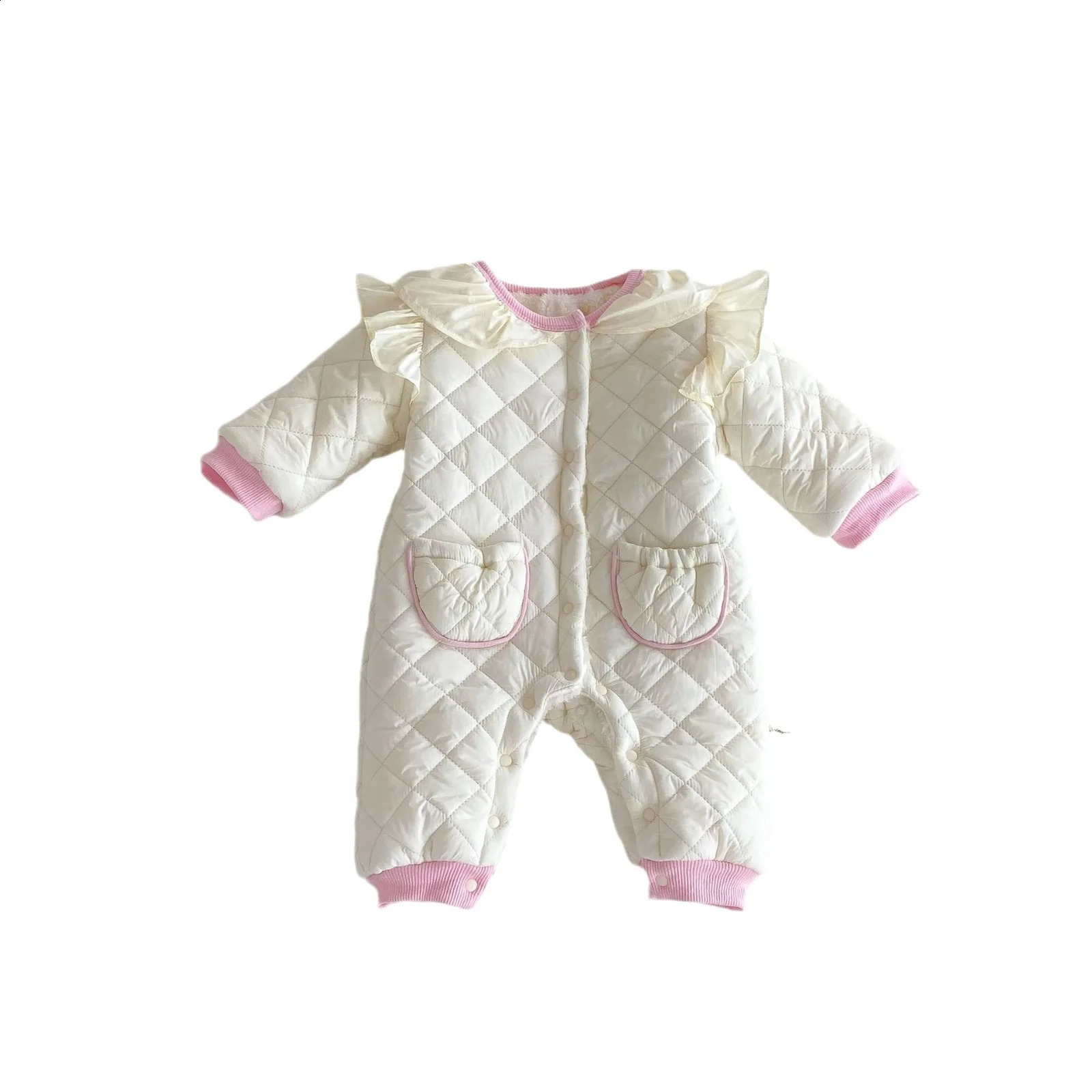 Autumn Winter Baby Girls Bodysuit Cotton Padded Laced Solid Pocket Warm Infant Girls Jumpsuit born Girls Onesies Outfit 241226