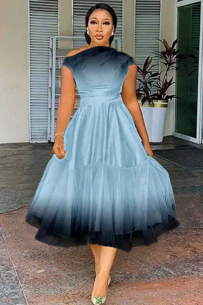 Elegant A-line chiffon midi womens gradient printed stainless steel party club wedding guest dress in plus size for summer 2024 X241226