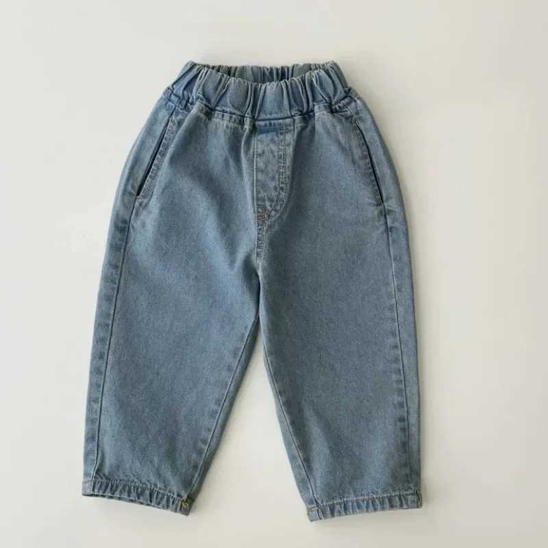 Korean Sle Spring Boys Jeans Girls Solid Casual Pants Unisex Fashion Loose All-match Denim Trousers for Kid Pocket Harem Pants W241227