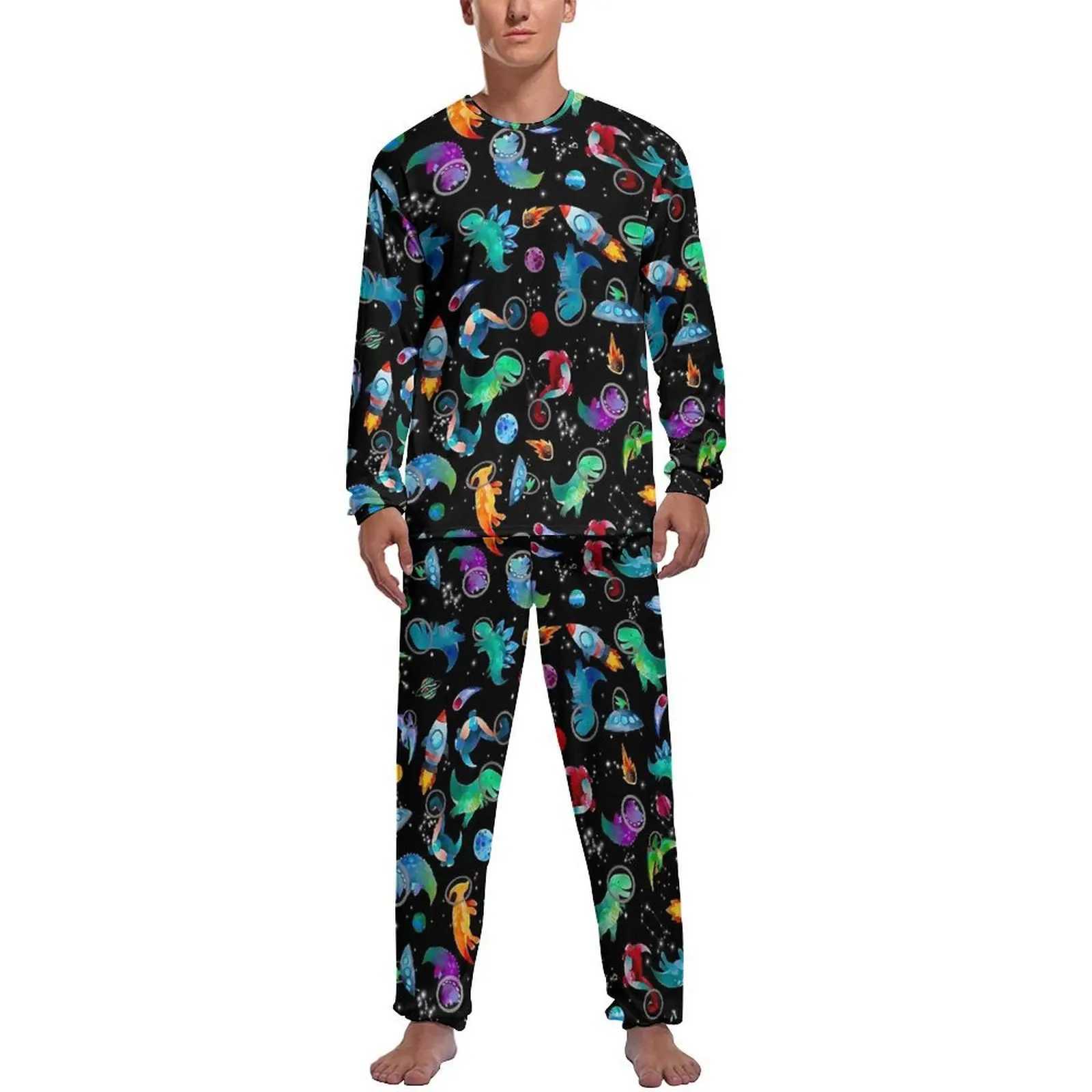 Watercolor Space Dinosaurs Galaxy Print Pajamas Male Long Sleeve Pajama Sets 2 Piece Room Autumn Design Nightwear Birthday GiftXJ241227