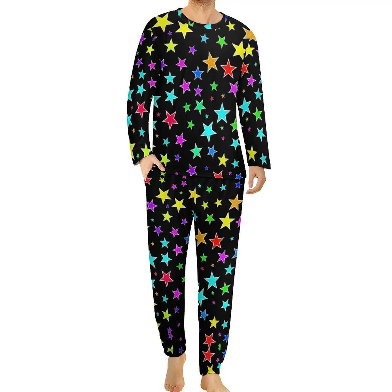 Colorful Stars Pajamas Autumn 2 Pieces Fun Star Print Soft Pajama Sets Man Long Sleeve Room Design Nightwear Large SizeXJ241227