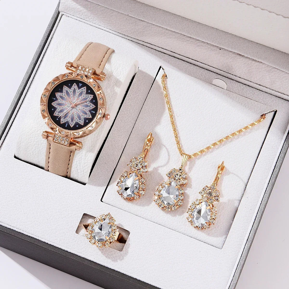 56PCS Set Rose Gold Watch Women Ring Necklace Earring Fashion Wristwatch Casual Ladies Bracelet No Box 241225