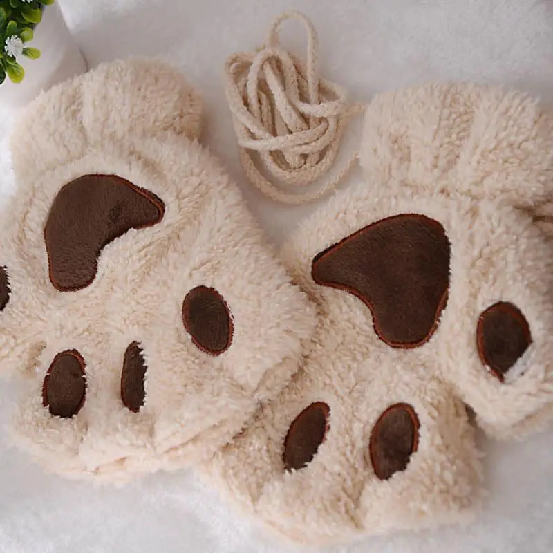 Cat Paw Half-finger Gloves Winter Cute Cartoon Cat Girl Open Finger Gloves Thickened Fluffy Bear Paw Kitten Fingerless Mittens 241227